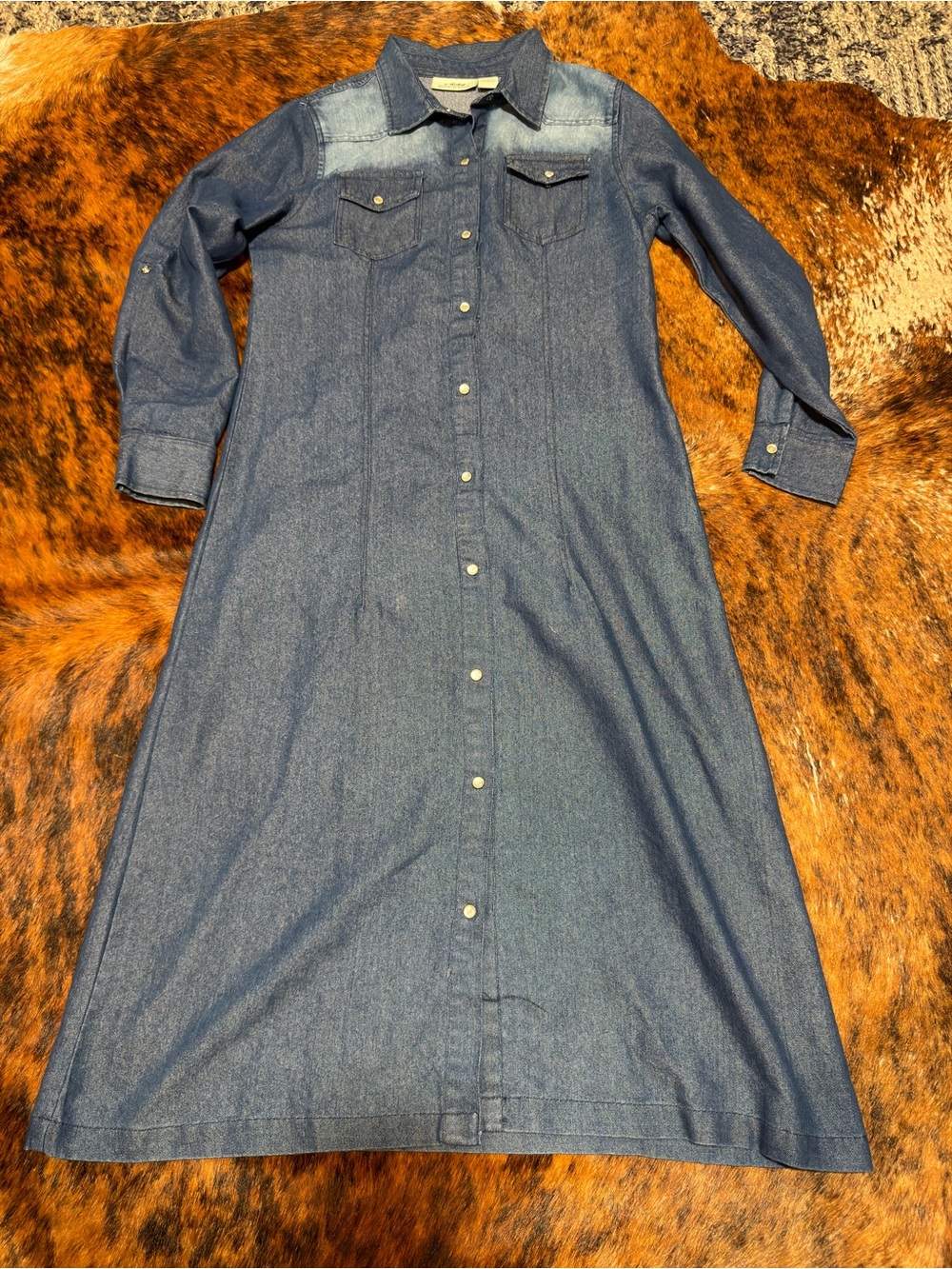 Back in the Saddle Denim Maxi Dress Womens Small Western Pearl Snap Shirt Dress
